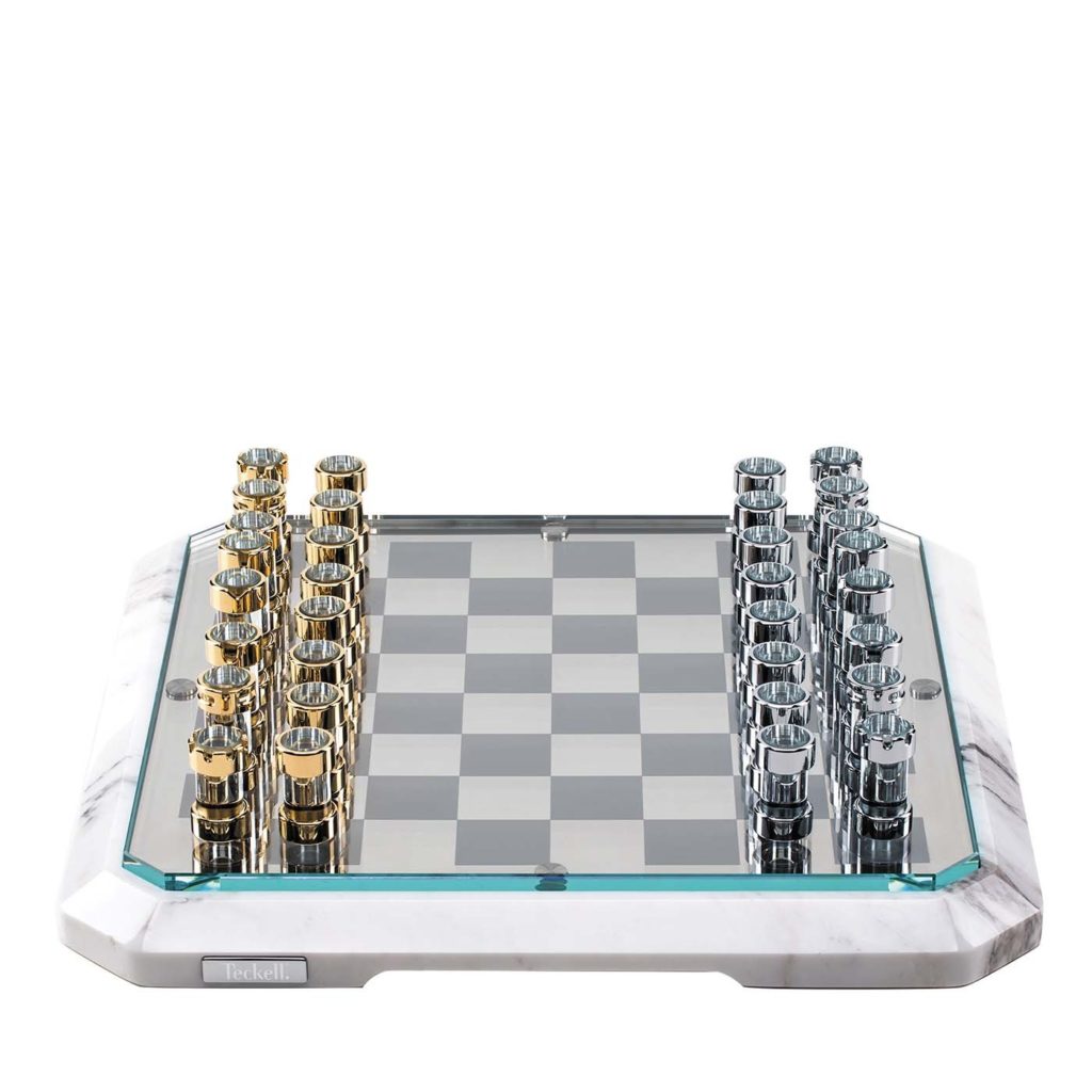 L'Objet Modern Classic White Marble Brass Accent Chess Set